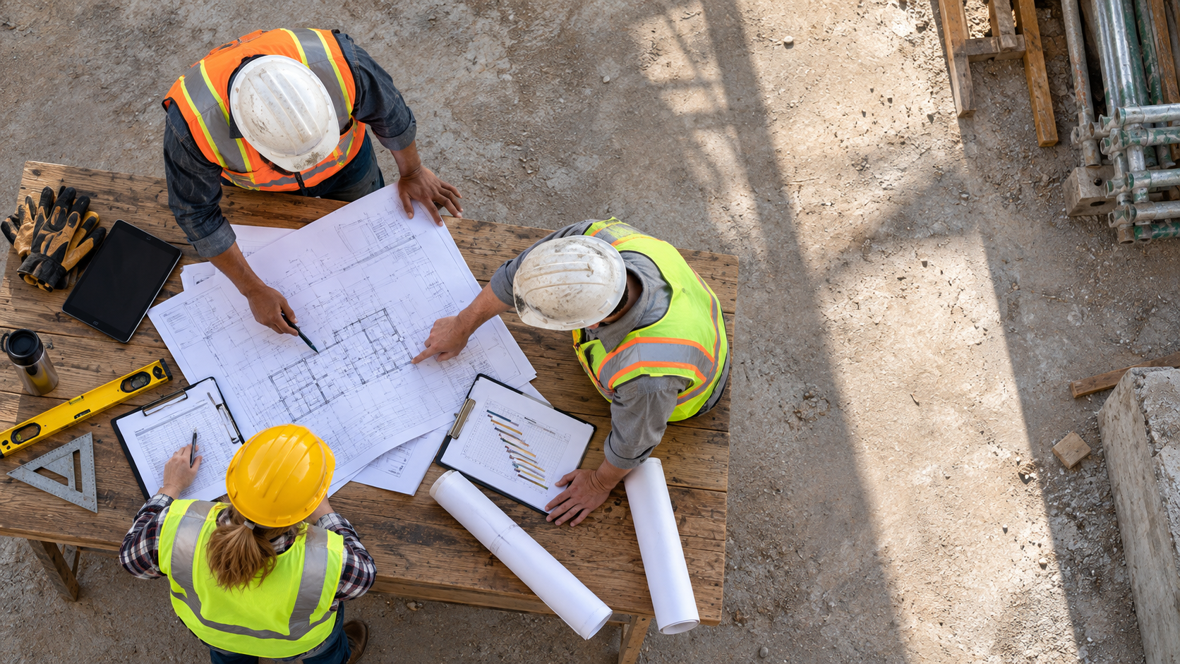 Construction site at golden hour with digital progress overlay graphics