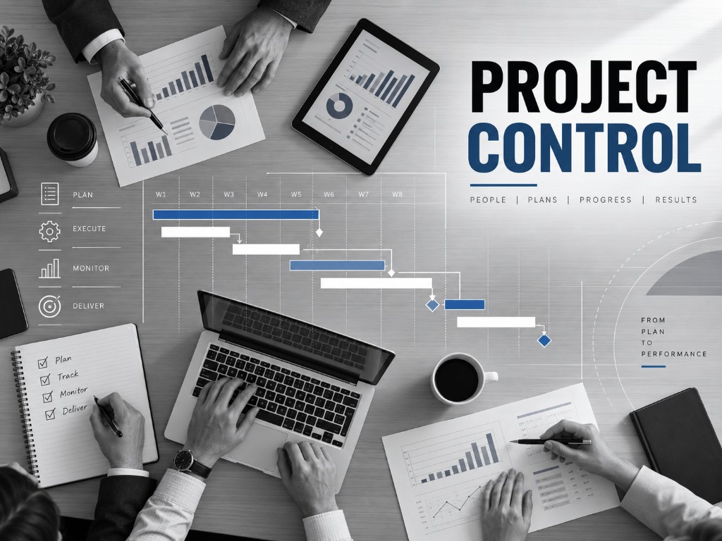 Project controls workspace with Gantt chart, plans, and progress tracking overlays